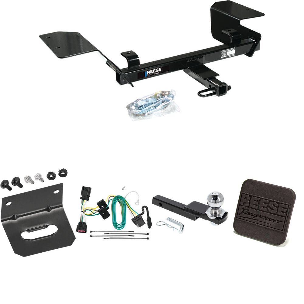 Se adapta al paquete de enganche de remolque Chevrolet Impala 2006-2013 con arnés de cableado plano de 4 + kit de inicio de enclavamiento con bola de 2", caída de 1-1/4" y elevación de 3/4" + soporte de cableado + cubierta de enganche de Reese Towpower