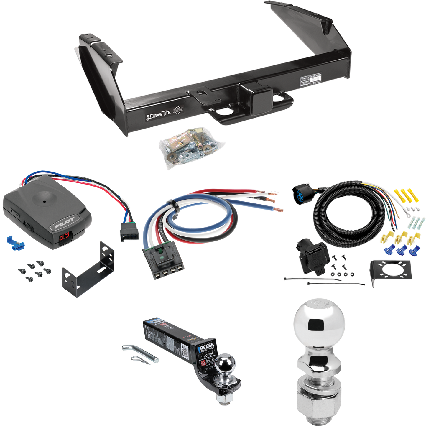 Fits 1987-1993 Ford F-250 Trailer Hitch Tow PKG w/ Pro Series Pilot Brake Control + Generic BC Wiring Adapter + 7-Way RV Wiring + 2" & 2-5/16" Ball & Drop Mount By Draw-Tite