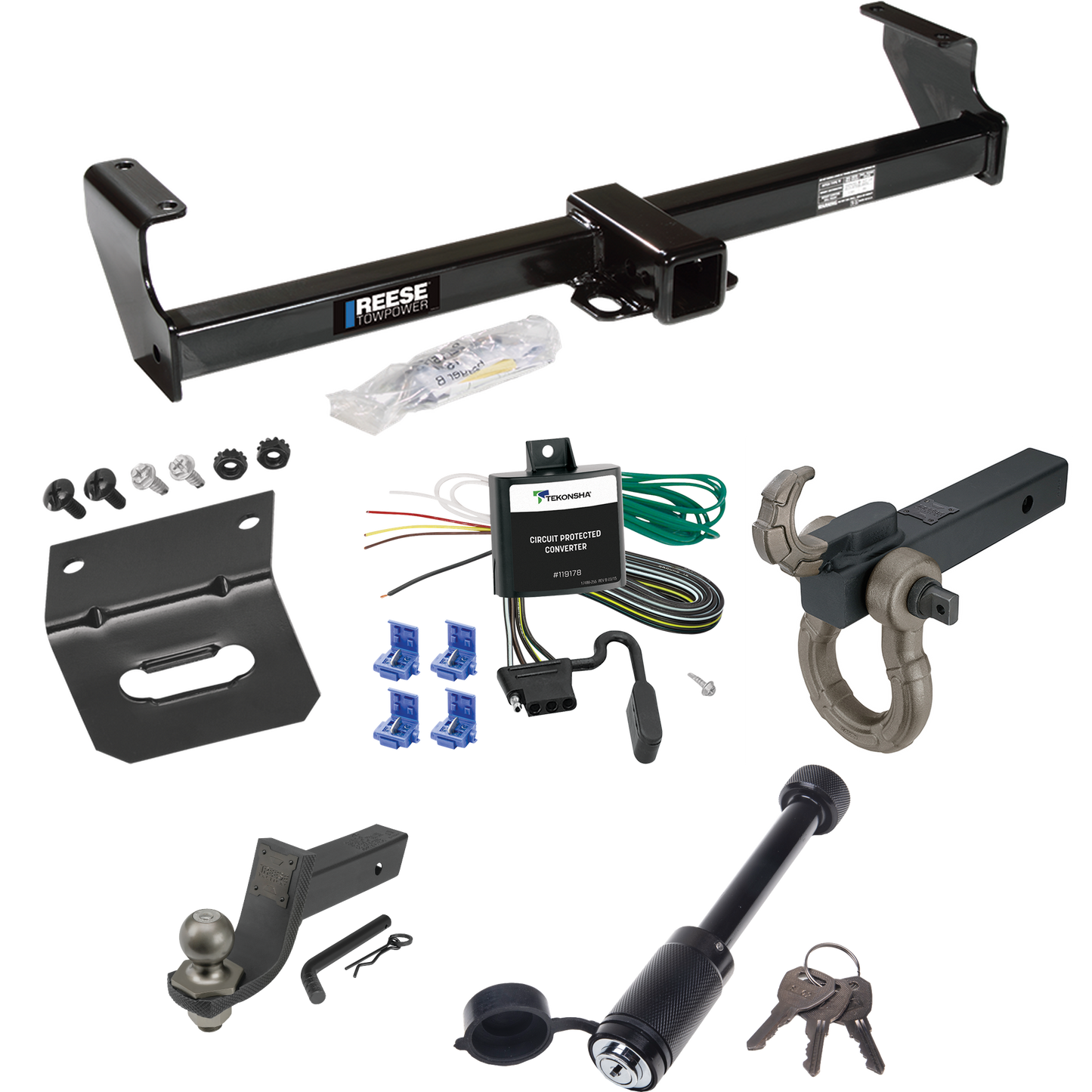 Fits 1999-2004 Chevrolet Tracker Trailer Hitch Tow PKG w/ 4-Flat Wiring + Interlock Tactical Starter Kit w/ 3-1/4" Drop & 2" Ball + Tactical Hook & Shackle Mount + Tactical Dogbone Lock + Wiring Bracket By Reese Towpower