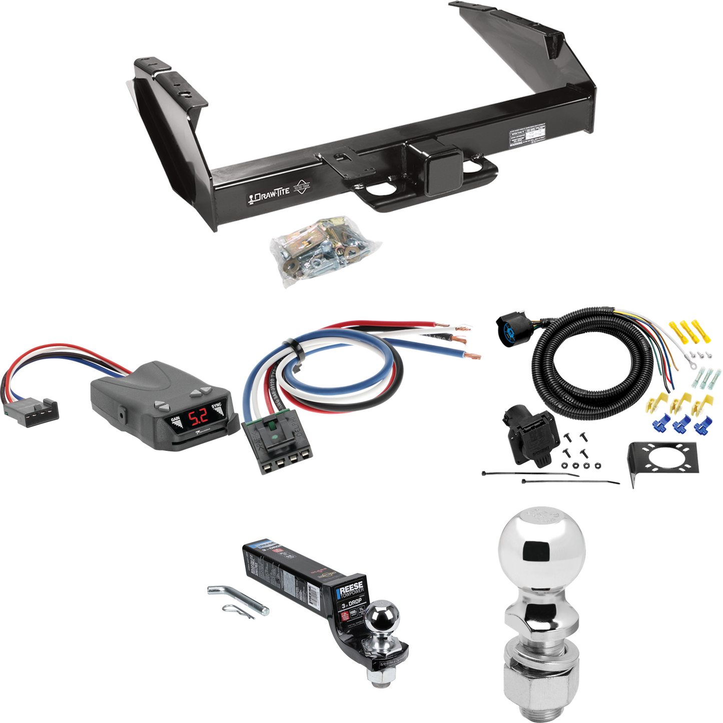 Fits 1980-1986 Ford F-350 Trailer Hitch Tow PKG w/ Tekonsha Brakeman IV Brake Control + Generic BC Wiring Adapter + 7-Way RV Wiring + 2" & 2-5/16" Ball & Drop Mount (Excludes: w/Custom Fascia Models) By Draw-Tite