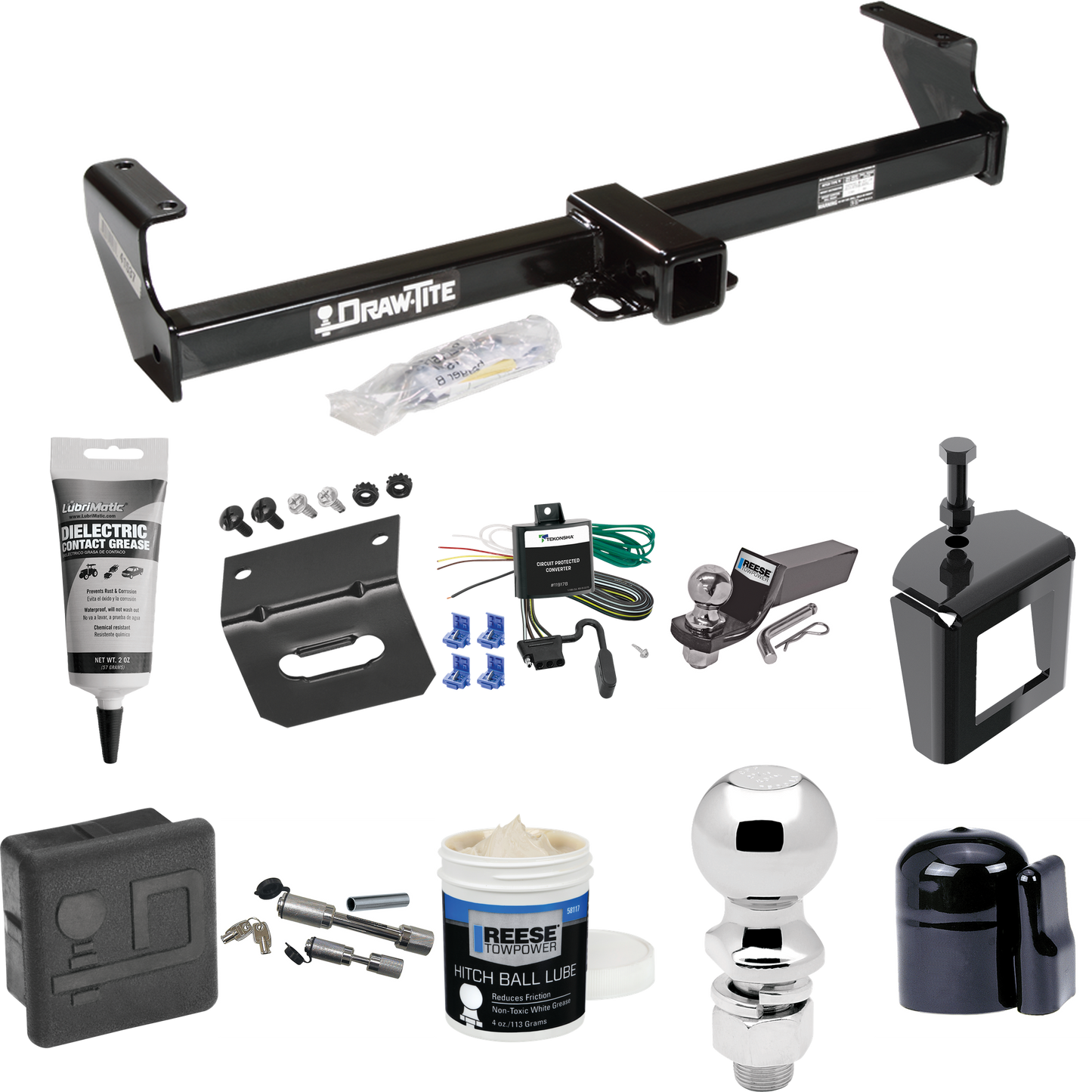 Fits 1999-2005 Suzuki Grand Vitara Trailer Hitch Tow PKG w/ 4-Flat Wiring + Starter Kit Ball Mount w/ 2" Drop & 2" Ball + 2-5/16" Ball + Wiring Bracket + Dual Hitch & Coupler Locks + Hitch Cover + Wiring Tester + Ball Lube +Electric Grease + Ball Wre