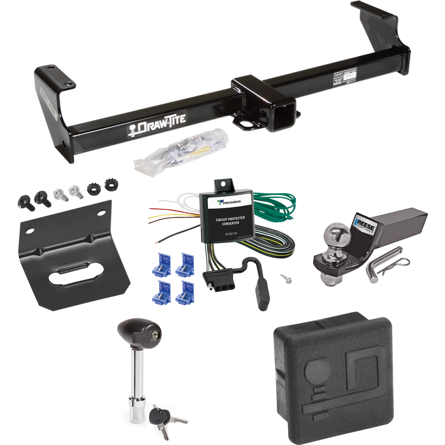 Fits 1999-2005 Suzuki Grand Vitara Trailer Hitch Tow PKG w/ 4-Flat Wiring + Starter Kit Ball Mount w/ 2" Drop & 2" Ball + Wiring Bracket + Hitch Lock + Hitch Cover By Draw-Tite