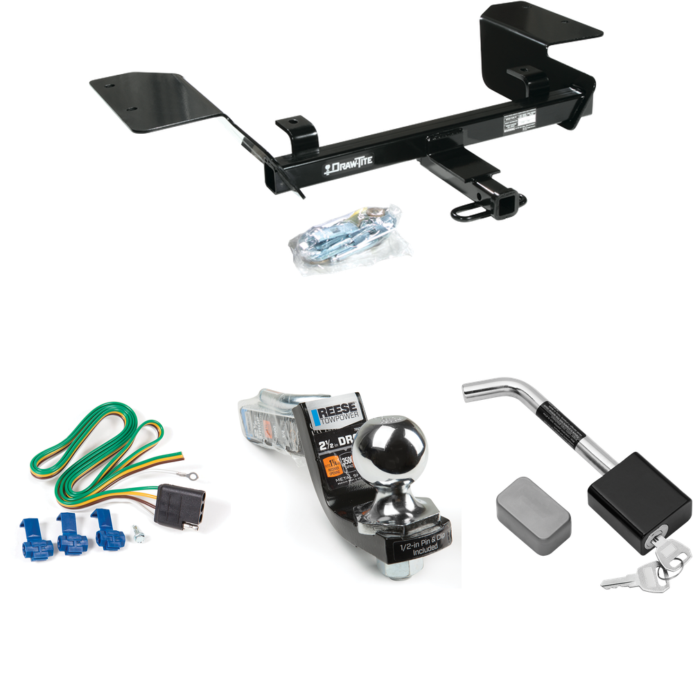 Fits 2000-2005 Chevrolet Impala Trailer Hitch Tow PKG w/ 4-Flat Wiring Harness + Interlock Starter Kit w/ 2" Ball 2-1/2" Drop 2" Rise + Hitch Lock By Draw-Tite