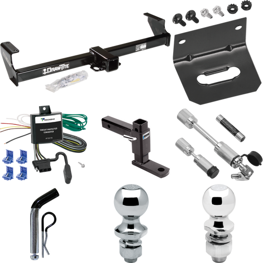 Fits 1999-2004 Suzuki Vitara Trailer Hitch Tow PKG w/ 4-Flat Wiring Harness + Adjustable Drop Rise Ball Mount + Pin/Clip + 2" Ball + 1-7/8" Ball + Dual Hitch & Coupler Locks By Draw-Tite