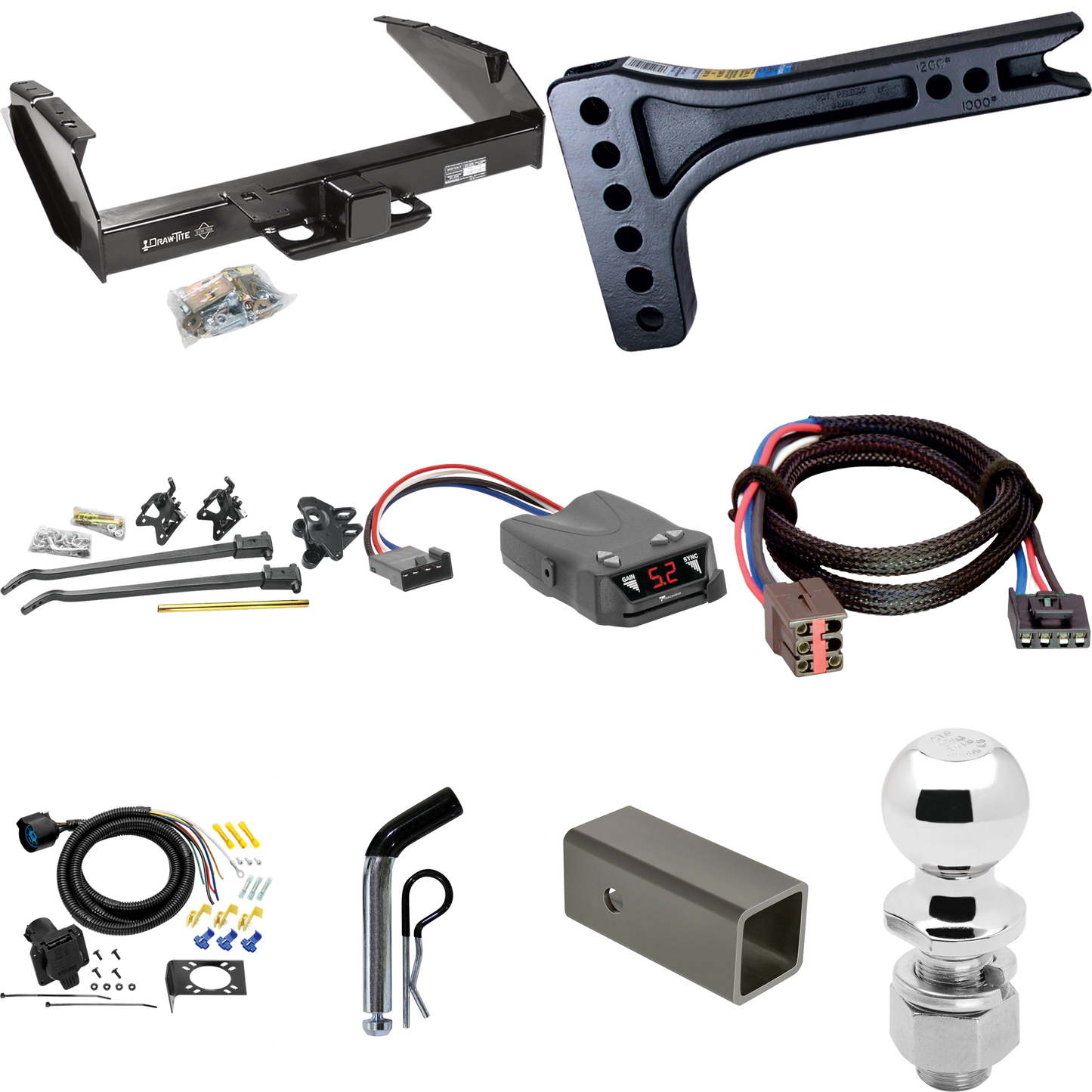 Fits 1994-1996 Ford F-350 Trailer Hitch Tow PKG w/ 15K Trunnion Bar Weight Distribution Hitch + Pin/Clip + 2-5/16" Ball + Tekonsha Brakeman IV Brake Control + Plug & Play BC Adapter + 7-Way RV Wiring By Draw-Tite