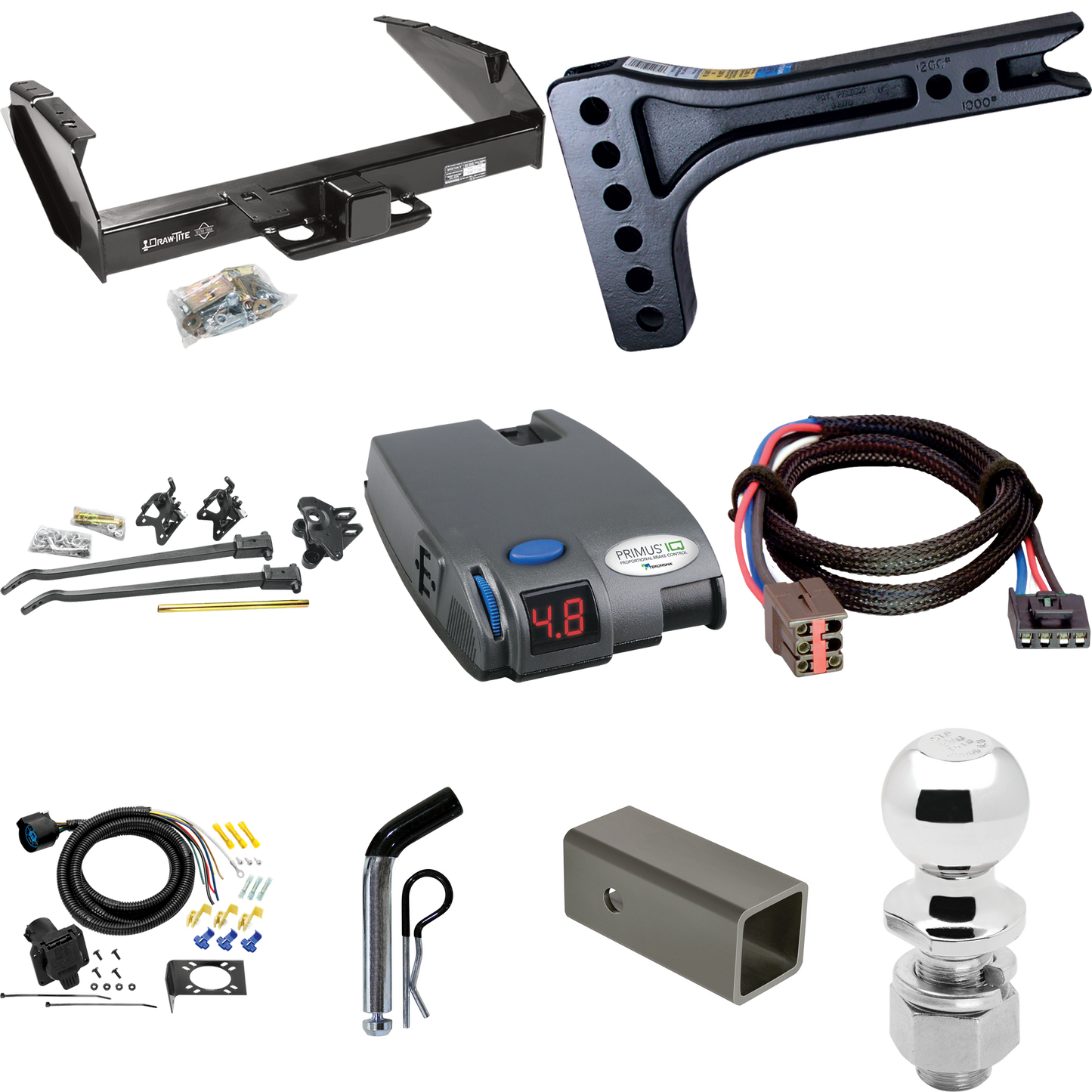 Fits 1997-1997 Ford F-250 HD Trailer Hitch Tow PKG w/ 15K Trunnion Bar Weight Distribution Hitch + Pin/Clip + 2-5/16" Ball + Tekonsha Primus IQ Brake Control + Plug & Play BC Adapter + 7-Way RV Wiring By Draw-Tite