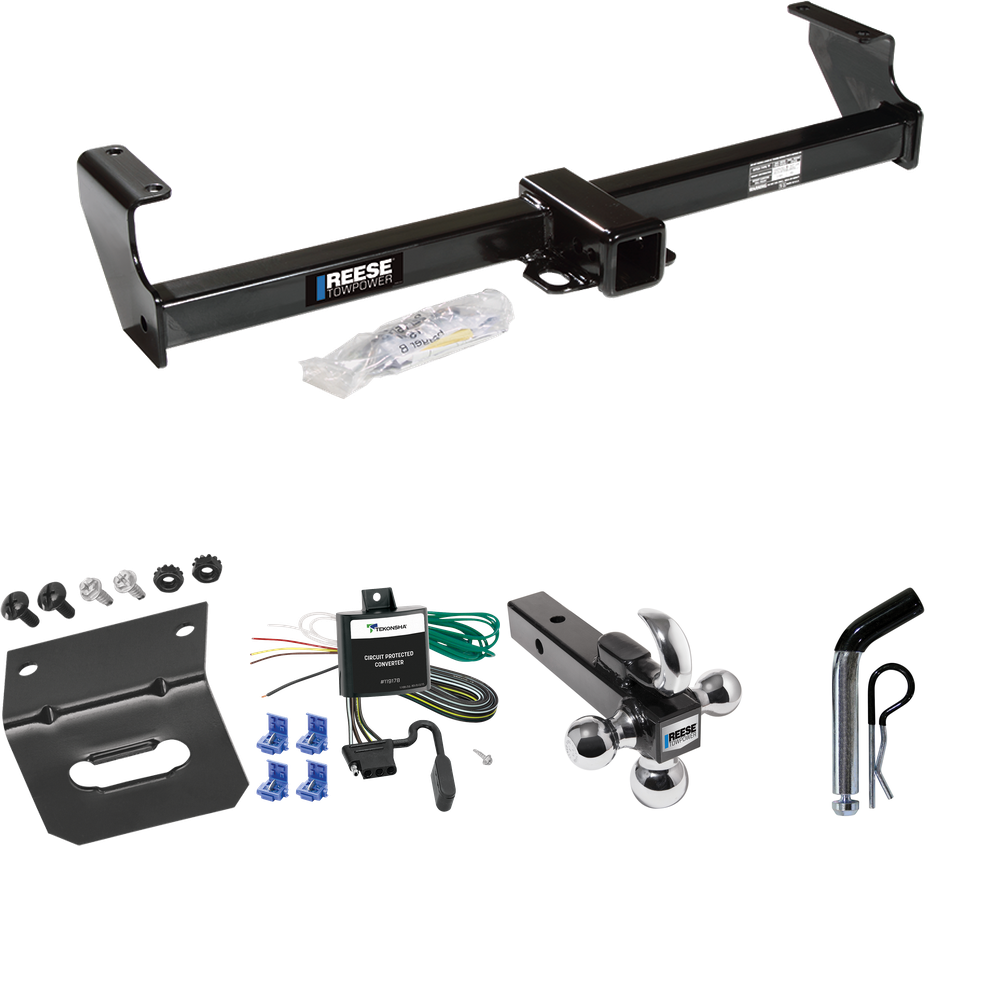 Fits 1999-2004 Chevrolet Tracker Trailer Hitch Tow PKG w/ 4-Flat Wiring Harness + Triple Ball Ball Mount 1-7/8" & 2" & 2-5/16" Trailer Balls w/ Tow Hook + Pin/Clip + Wiring Bracket By Reese Towpower