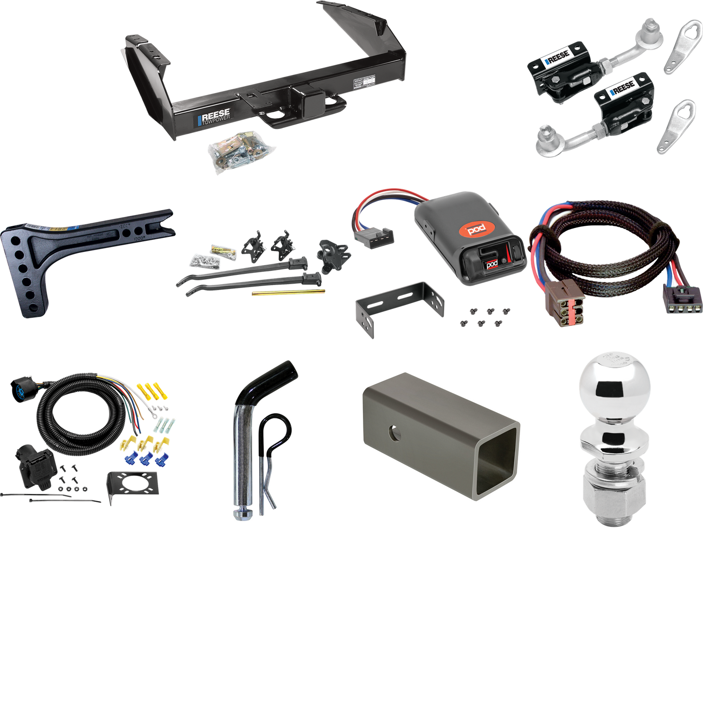 Fits 1994-1996 Ford F-350 Trailer Hitch Tow PKG w/ 15K Trunnion Bar Weight Distribution Hitch + Pin/Clip + Dual Cam Sway Control + 2-5/16" Ball + Pro Series POD Brake Control + Plug & Play BC Adapter + 7-Way RV Wiring By Reese Towpower