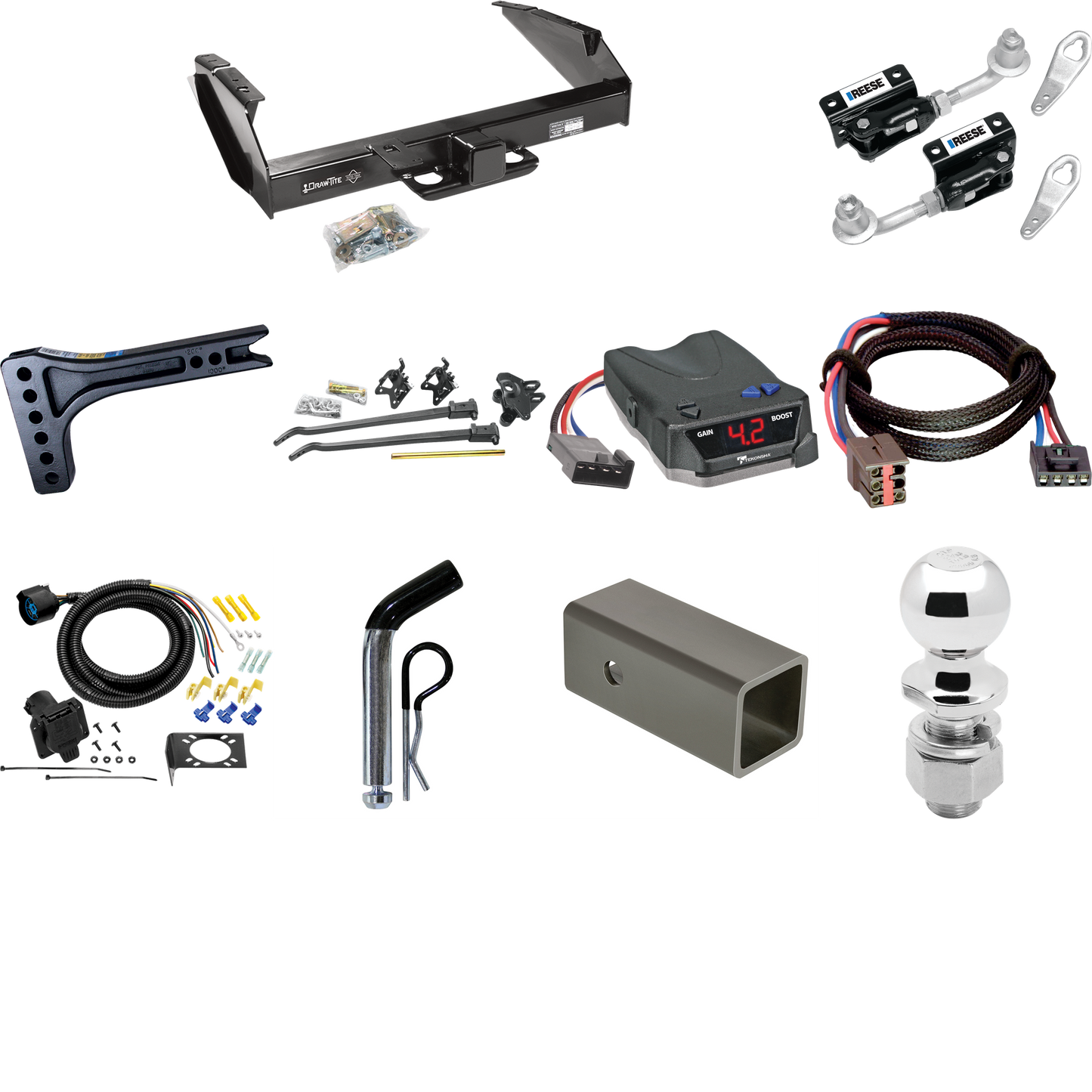 Fits 1994-1996 Ford F-250 Trailer Hitch Tow PKG w/ 15K Trunnion Bar Weight Distribution Hitch + Pin/Clip + Dual Cam Sway Control + 2-5/16" Ball + Tekonsha BRAKE-EVN Brake Control + Plug & Play BC Adapter + 7-Way RV Wiring By Draw-Tite