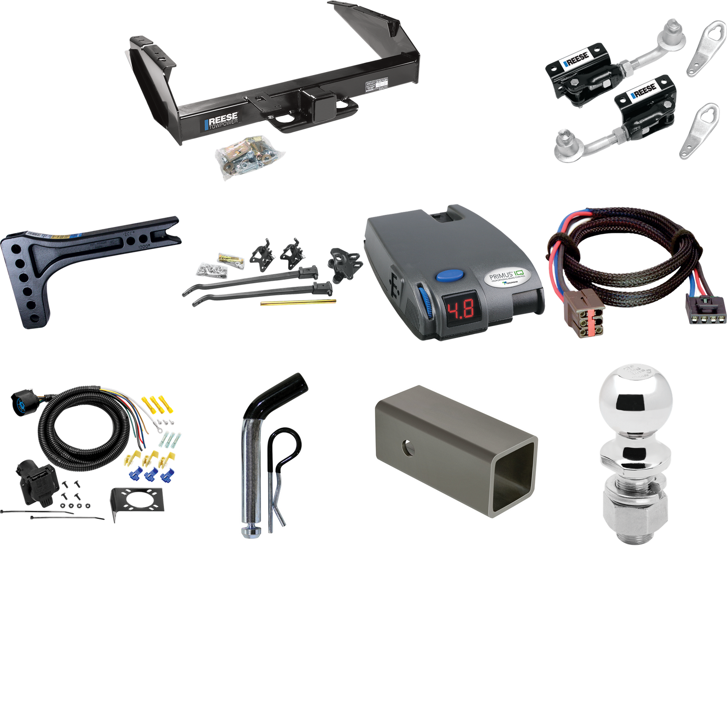 Fits 1994-1996 Ford F-250 Trailer Hitch Tow PKG w/ 15K Trunnion Bar Weight Distribution Hitch + Pin/Clip + Dual Cam Sway Control + 2-5/16" Ball + Tekonsha Primus IQ Brake Control + Plug & Play BC Adapter + 7-Way RV Wiring By Reese Towpower