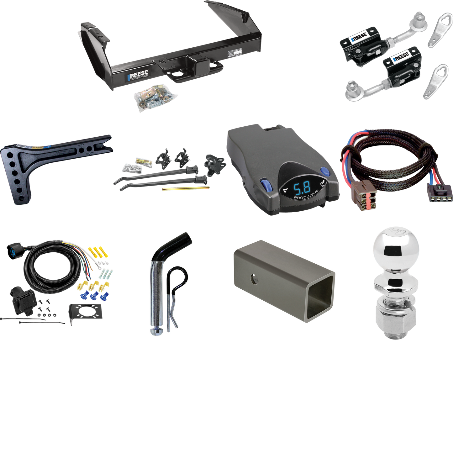 Fits 1994-1996 Ford F-250 Trailer Hitch Tow PKG w/ 15K Trunnion Bar Weight Distribution Hitch + Pin/Clip + Dual Cam Sway Control + 2-5/16" Ball + Tekonsha Prodigy P2 Brake Control + Plug & Play BC Adapter + 7-Way RV Wiring By Reese Towpower