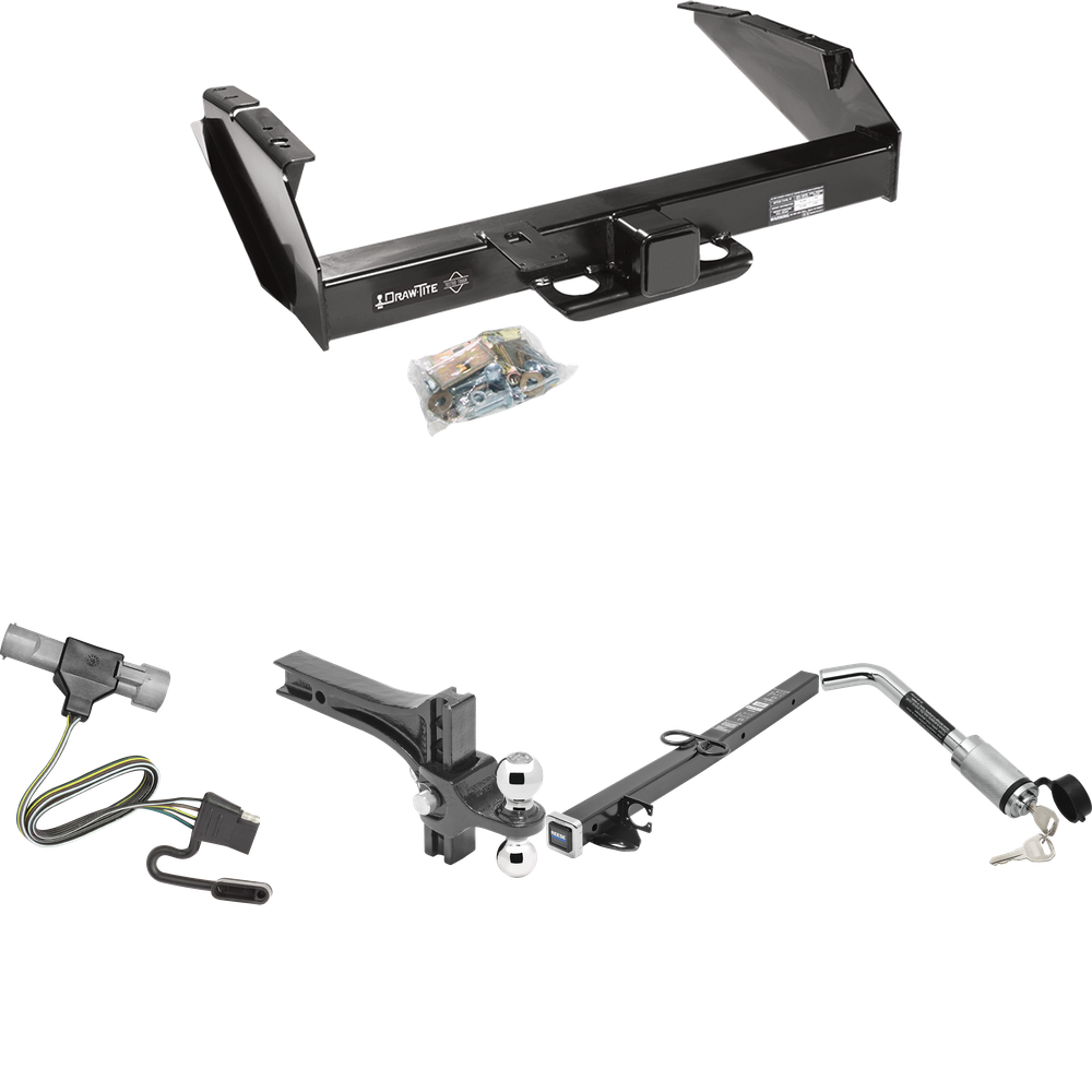 Fits 1997-1997 Ford F-350 Trailer Hitch Tow PKG w/ 4-Flat Wiring Harness + 2-1/2" to 2" Adapter 24" Length + Adjustable Drop Rise Dual Ball Ball Mount 2" & 2-5/16" Trailer Balls + Hitch Lock (For Heavy Duty Models) By Draw-Tite