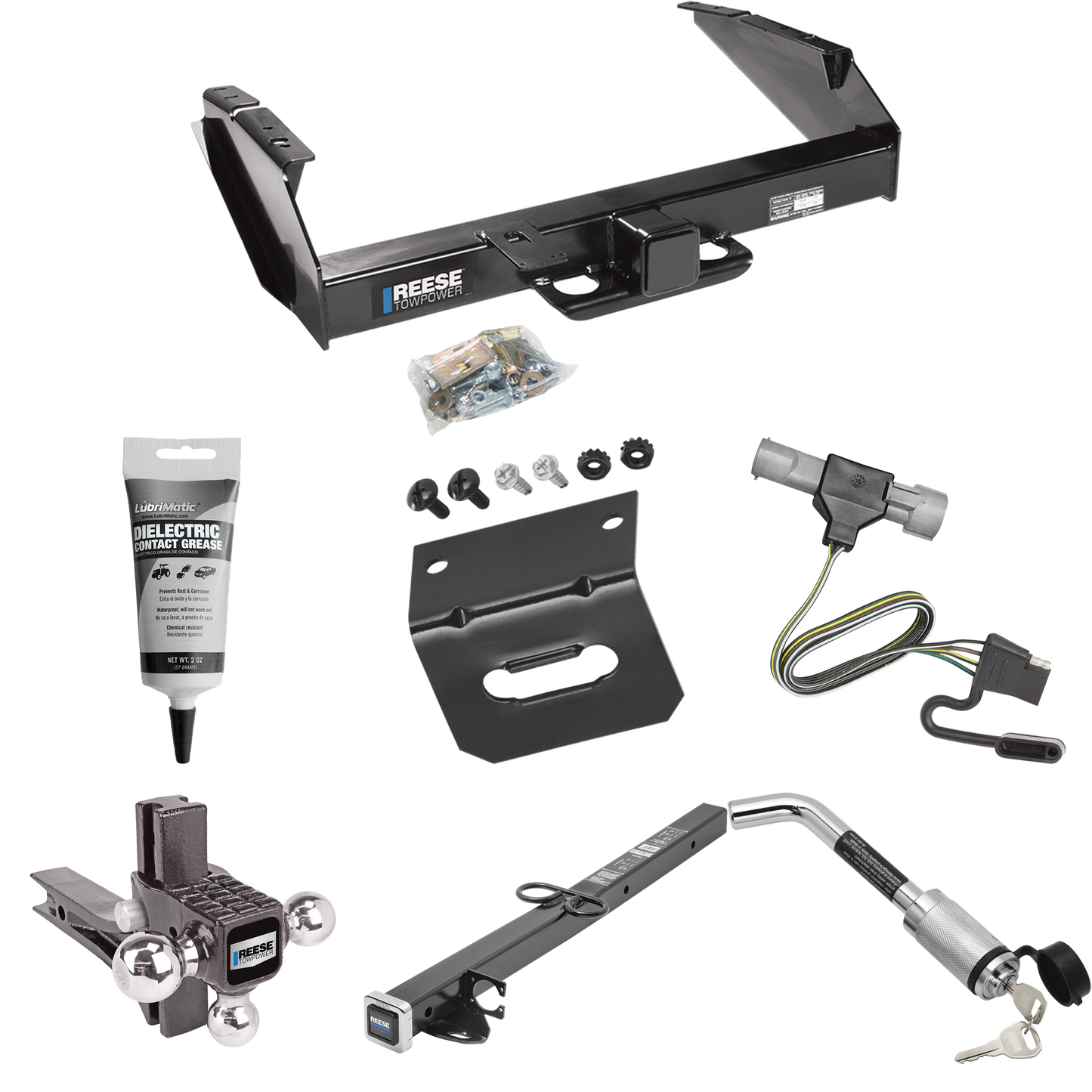 Fits 1997-1997 Ford F-250 HD Trailer Hitch Tow PKG w/ 4-Flat Wiring Harness + 2-1/2" to 2" Adapter 24" Length + Adjustable Drop Rise Triple Ball Ball Mount 1-7/8" & 2" & 2-5/16" Trailer Balls + Hitch Lock + Wiring Bracket + Electric Grease By Reese T