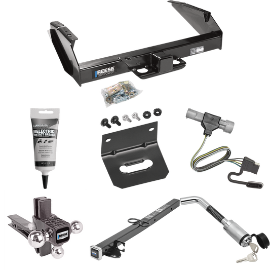 Fits 1997-1997 Ford F-250 HD Trailer Hitch Tow PKG w/ 4-Flat Wiring Harness + 2-1/2" to 2" Adapter 24" Length + Adjustable Drop Rise Triple Ball Ball Mount 1-7/8" & 2" & 2-5/16" Trailer Balls + Hitch Lock + Wiring Bracket + Electric Grease By Reese T