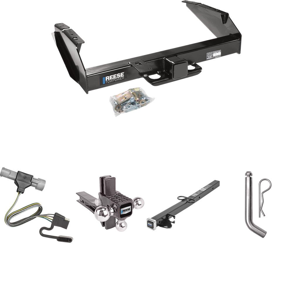 Fits 1997-1997 Ford F-350 Trailer Hitch Tow PKG w/ 4-Flat Wiring Harness + 2-1/2" to 2" Adapter 24" Length + Adjustable Drop Rise Triple Ball Ball Mount 1-7/8" & 2" & 2-5/16" Trailer Balls + Pin/Clip (For Heavy Duty Models) By Reese Towpower