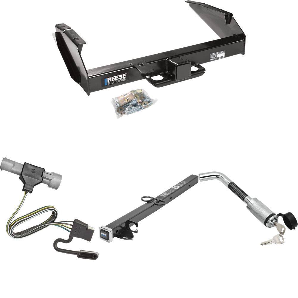 Fits 1987-1996 Ford F-250 Trailer Hitch Tow PKG w/ 4-Flat Wiring Harness + 2-1/2" to 2" Adapter 24" Length + Hitch Lock By Reese Towpower