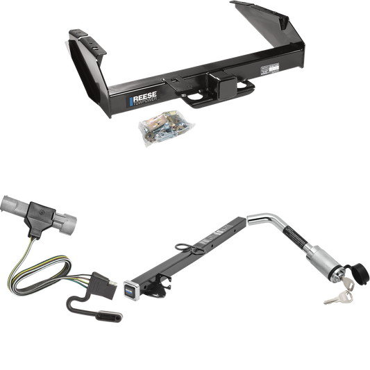 Fits 1987-1996 Ford F-250 Trailer Hitch Tow PKG w/ 4-Flat Wiring Harness + 2-1/2" to 2" Adapter 24" Length + Hitch Lock By Reese Towpower