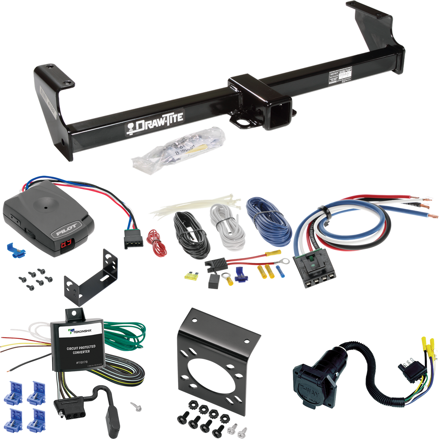 Fits 1999-2004 Chevrolet Tracker Trailer Hitch Tow PKG w/ Pro Series Pilot Brake Control + Generic BC Wiring Adapter + 7-Way RV Wiring By Draw-Tite