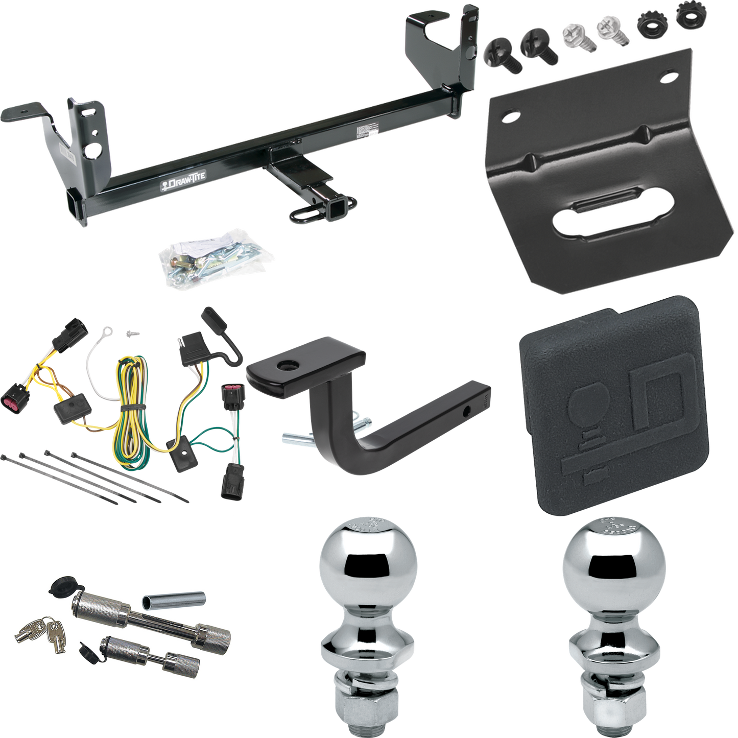 Fits 2008-2012 Chevrolet Malibu Trailer Hitch Tow PKG w/ 4-Flat Wiring Harness + Draw-Bar + 1-7/8" + 2" Ball + Wiring Bracket + Hitch Cover + Dual Hitch & Coupler Locks (Excludes: LTZ Models) By Draw-Tite