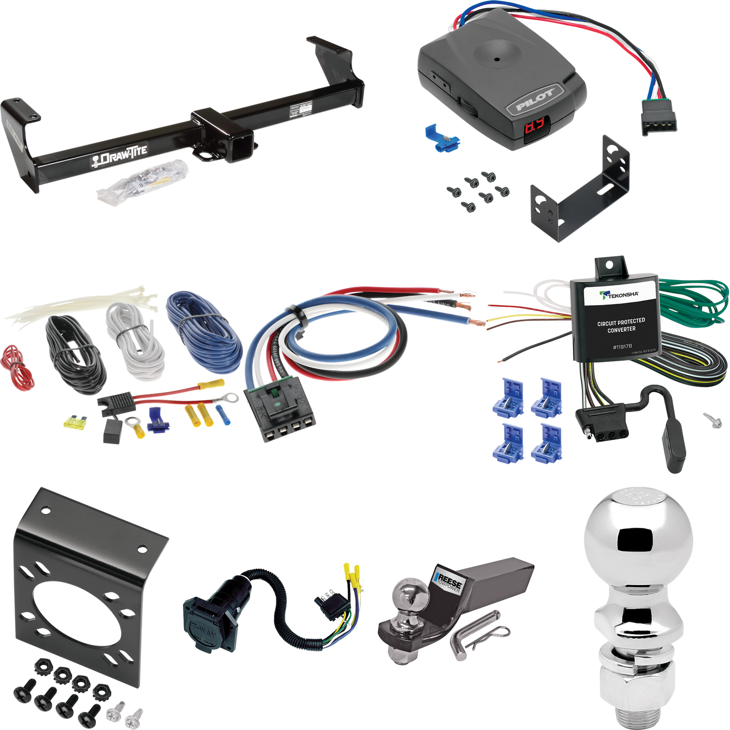 Fits 2002-2006 Suzuki XL-7 Trailer Hitch Tow PKG w/ Pro Series Pilot Brake Control + Generic BC Wiring Adapter + 7-Way RV Wiring + 2" & 2-5/16" Ball & Drop Mount By Draw-Tite