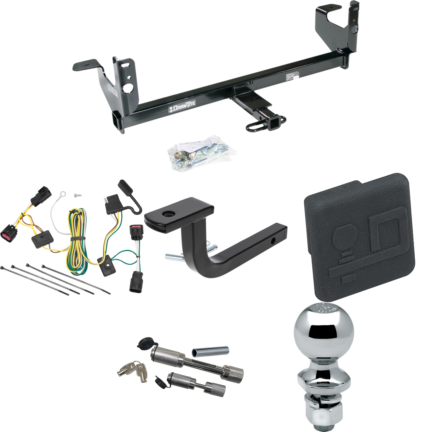 Fits 2008-2012 Chevrolet Malibu Trailer Hitch Tow PKG w/ 4-Flat Wiring Harness + Draw-Bar + 2" Ball + Hitch Cover + Dual Hitch & Coupler Locks (Excludes: LTZ Models) By Draw-Tite