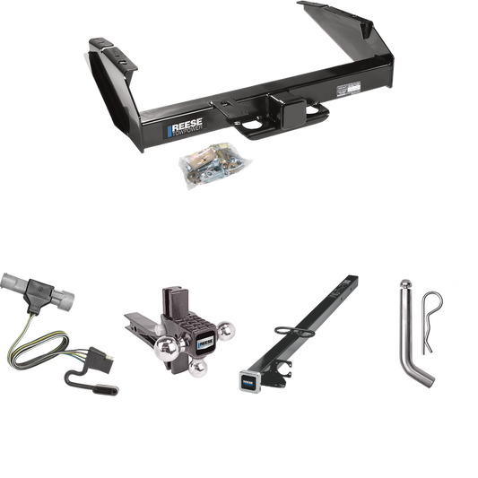 Fits 1987-1996 Ford F-350 Trailer Hitch Tow PKG w/ 4-Flat Wiring Harness + 2-1/2" to 2" Adapter 41" Length + Adjustable Drop Rise Triple Ball Ball Mount 1-7/8" & 2" & 2-5/16" Trailer Balls + Pin/Clip By Reese Towpower