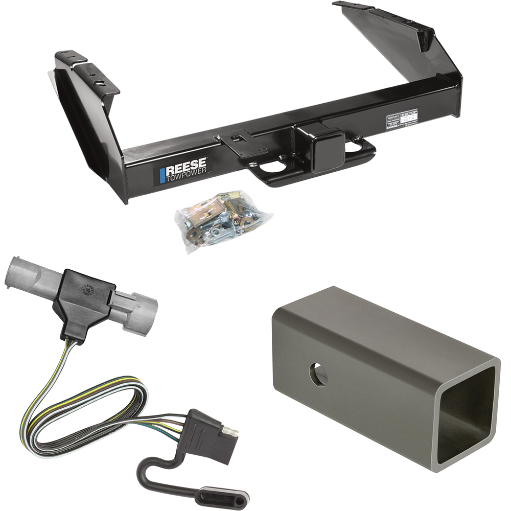 Fits 1987-1996 Ford F-250 Trailer Hitch Tow PKG w/ 4-Flat Wiring Harness + 2-1/2" to 2" Adapter 6" Length By Reese Towpower