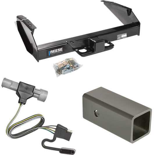 Fits 1987-1996 Ford F-250 Trailer Hitch Tow PKG w/ 4-Flat Wiring Harness + 2-1/2" to 2" Adapter 6" Length By Reese Towpower