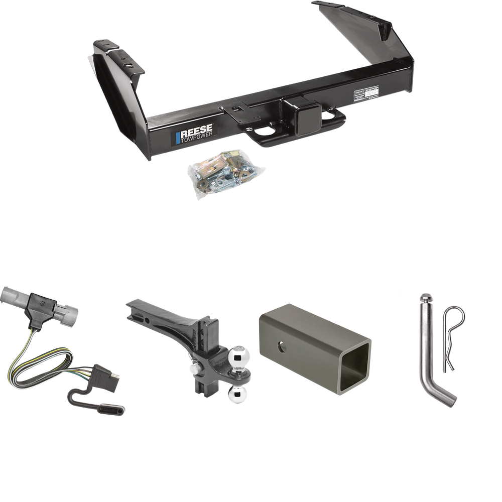 Fits 1997-1997 Ford F-250 HD Trailer Hitch Tow PKG w/ 4-Flat Wiring Harness + 2-1/2" to 2" Adapter 6" Length + Adjustable Drop Rise Dual Ball Ball Mount 2" & 2-5/16" Trailer Balls + Pin/Clip By Reese Towpower