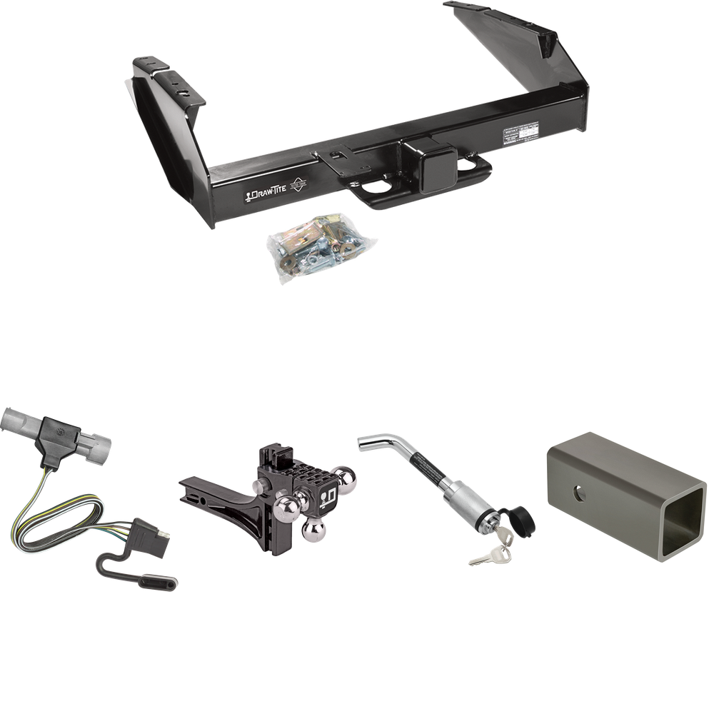 Fits 1997-1997 Ford F-250 HD Trailer Hitch Tow PKG w/ 4-Flat Wiring Harness + 2-1/2" to 2" Adapter 6" Length + Adjustable Drop Rise Triple Ball Ball Mount 1-7/8" & 2" & 2-5/16" Trailer Balls + Hitch Lock By Draw-Tite