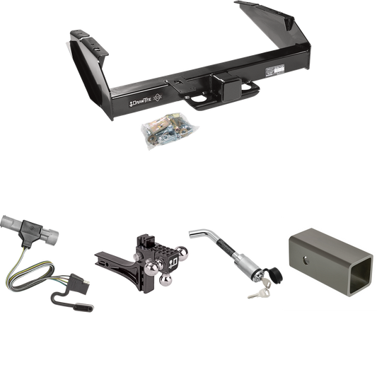 Fits 1997-1997 Ford F-250 HD Trailer Hitch Tow PKG w/ 4-Flat Wiring Harness + 2-1/2" to 2" Adapter 6" Length + Adjustable Drop Rise Triple Ball Ball Mount 1-7/8" & 2" & 2-5/16" Trailer Balls + Hitch Lock By Draw-Tite