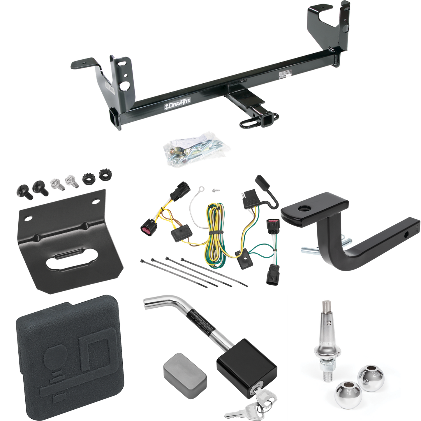 Fits 2008-2012 Chevrolet Malibu Trailer Hitch Tow PKG w/ 4-Flat Wiring Harness + Draw-Bar + Interchangeable 1-7/8" & 2" Balls + Wiring Bracket + Hitch Cover + Hitch Lock (Excludes: LTZ Models) By Draw-Tite