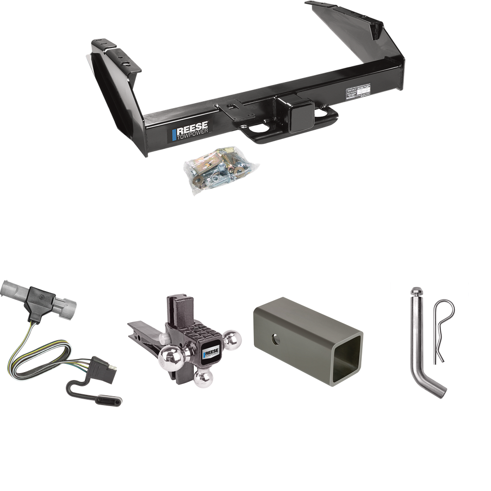 Fits 1987-1996 Ford F-350 Trailer Hitch Tow PKG w/ 4-Flat Wiring Harness + 2-1/2" to 2" Adapter 6" Length + Adjustable Drop Rise Triple Ball Ball Mount 1-7/8" & 2" & 2-5/16" Trailer Balls + Pin/Clip By Reese Towpower