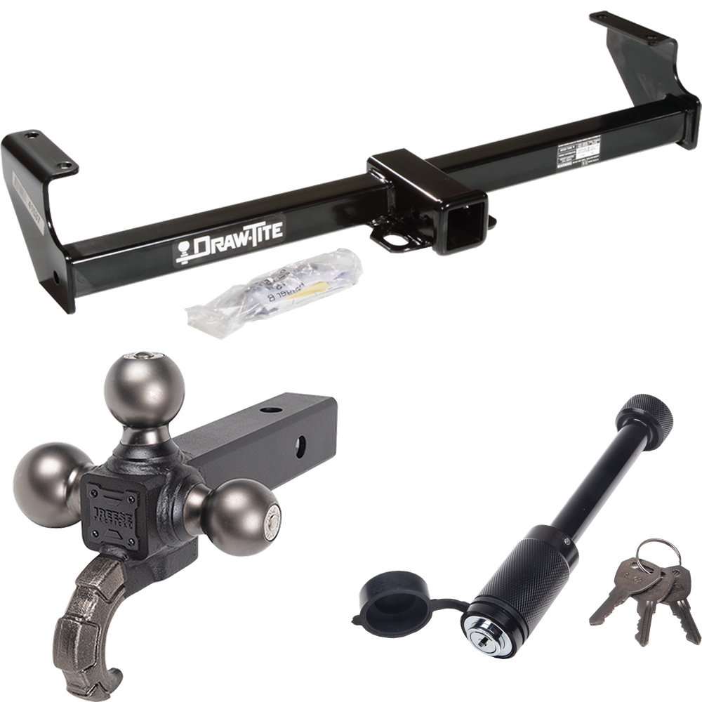 Fits 1999-2004 Chevrolet Tracker Trailer Hitch Tow PKG + Triple Ball Tactical Ball Mount 1-7/8" & 2" & 2-5/16" Balls w/ Tow Hook + Tactical Dogbone Lock By Draw-Tite