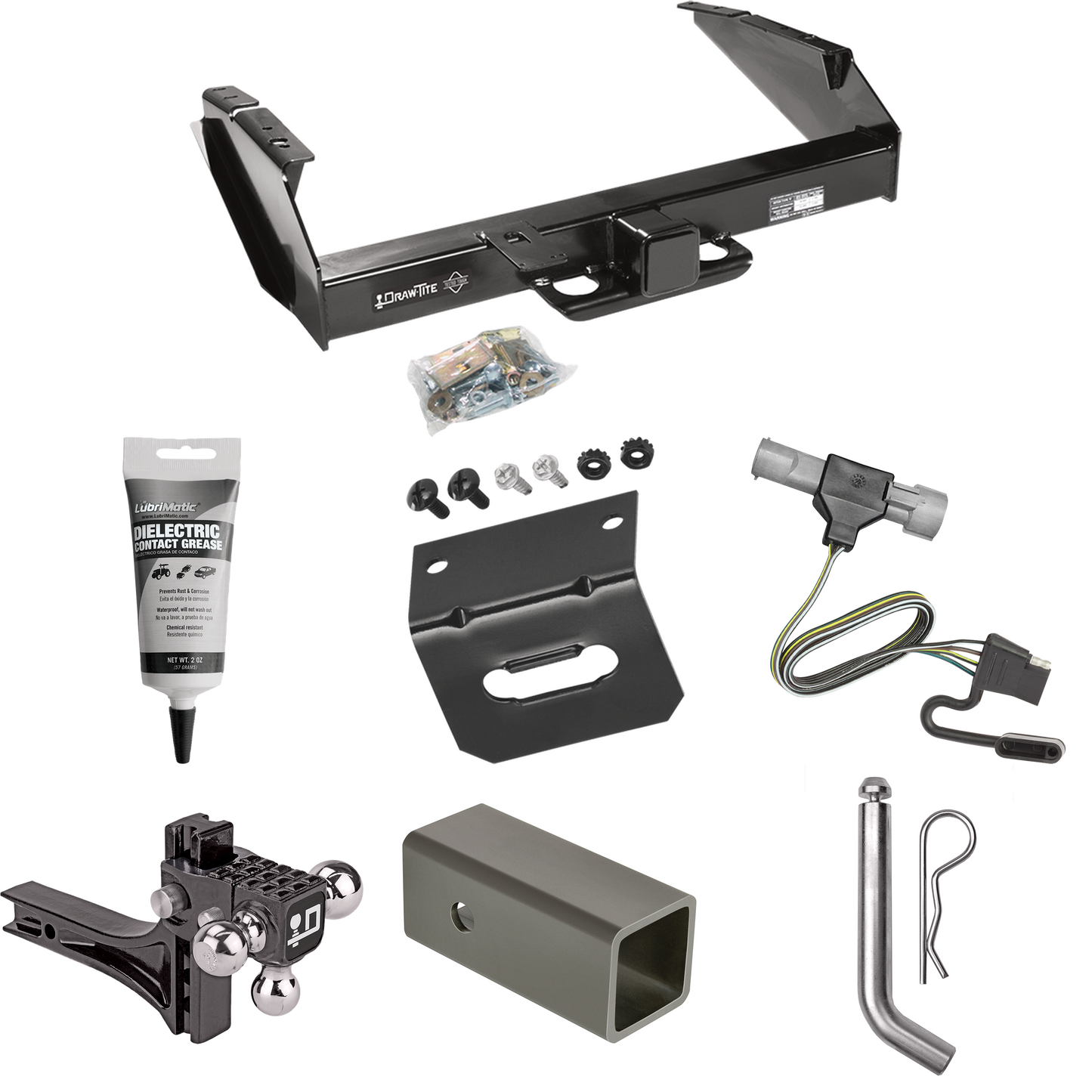 Fits 1987-1996 Ford F-350 Trailer Hitch Tow PKG w/ 4-Flat Wiring Harness + 2-1/2" to 2" Adapter 6" Length + Adjustable Drop Rise Triple Ball Ball Mount 1-7/8" & 2" & 2-5/16" Trailer Balls + Pin/Clip + Wiring Bracket + Electric Grease By Draw-Tite