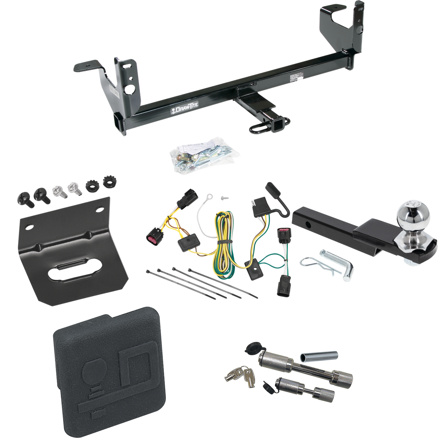 Fits 2008-2012 Chevrolet Malibu Trailer Hitch Tow PKG w/ 4-Flat Wiring Harness + Interlock Starter Kit w/ 2" Ball 1-1/4" Drop 3/4" Rise + Wiring Bracket + Hitch Cover + Dual Hitch & Coupler Locks (Excludes: LTZ Models) By Draw-Tite