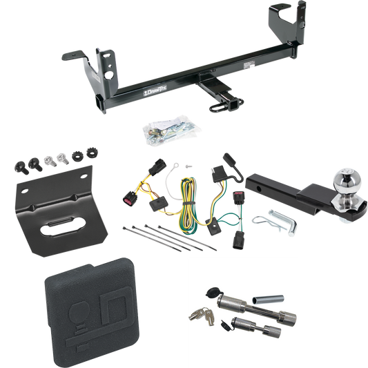 Fits 2008-2012 Chevrolet Malibu Trailer Hitch Tow PKG w/ 4-Flat Wiring Harness + Interlock Starter Kit w/ 2" Ball 1-1/4" Drop 3/4" Rise + Wiring Bracket + Hitch Cover + Dual Hitch & Coupler Locks (Excludes: LTZ Models) By Draw-Tite