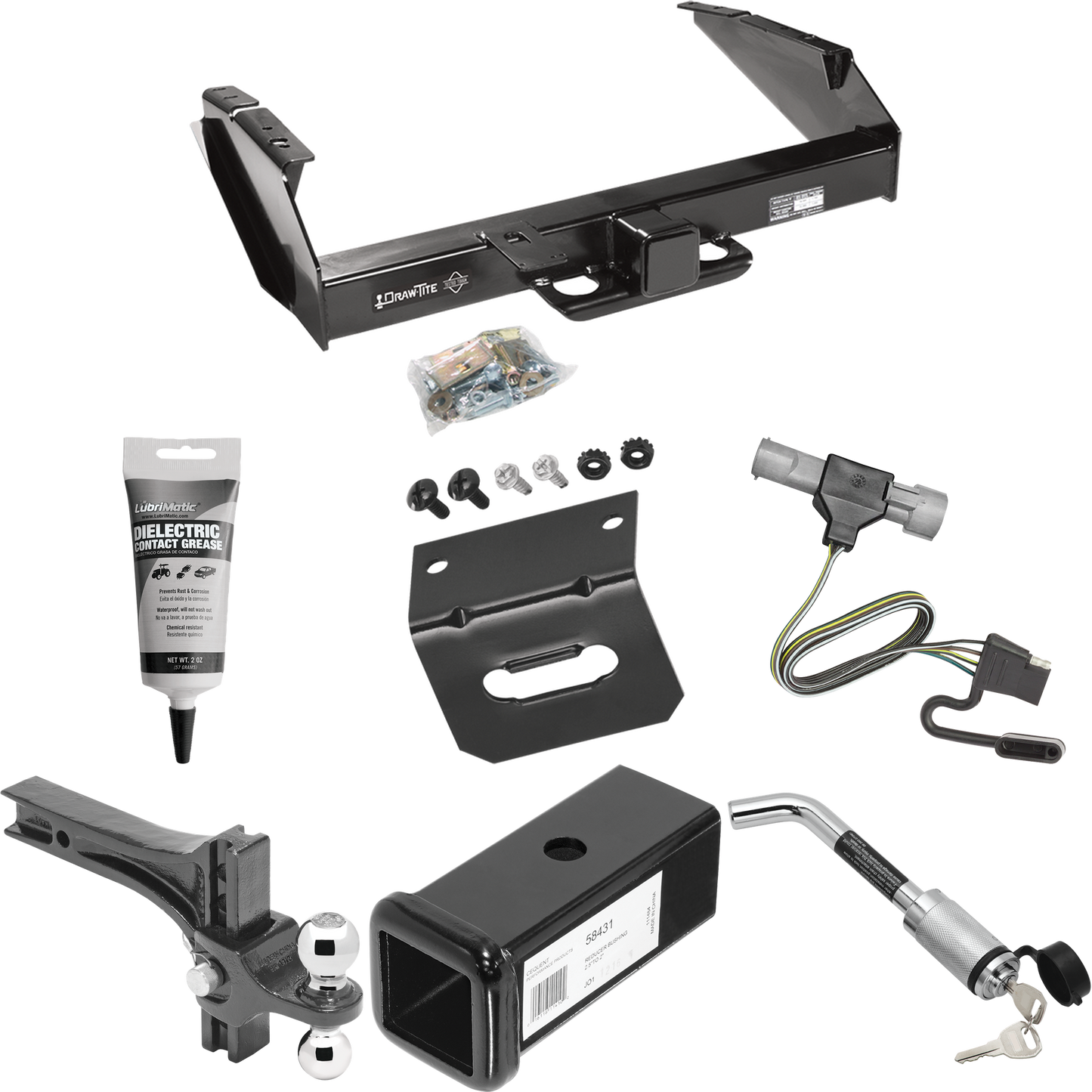 Fits 1997-1997 Ford F-250 HD Trailer Hitch Tow PKG w/ 4-Flat Wiring Harness + 2-1/2" to 2" Adapter 7" Length + Adjustable Drop Rise Dual Ball Ball Mount 2" & 2-5/16" Trailer Balls + Hitch Lock + Wiring Bracket + Electric Grease By Draw-Tite