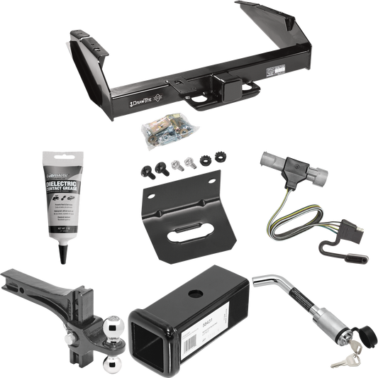 Fits 1997-1997 Ford F-250 HD Trailer Hitch Tow PKG w/ 4-Flat Wiring Harness + 2-1/2" to 2" Adapter 7" Length + Adjustable Drop Rise Dual Ball Ball Mount 2" & 2-5/16" Trailer Balls + Hitch Lock + Wiring Bracket + Electric Grease By Draw-Tite