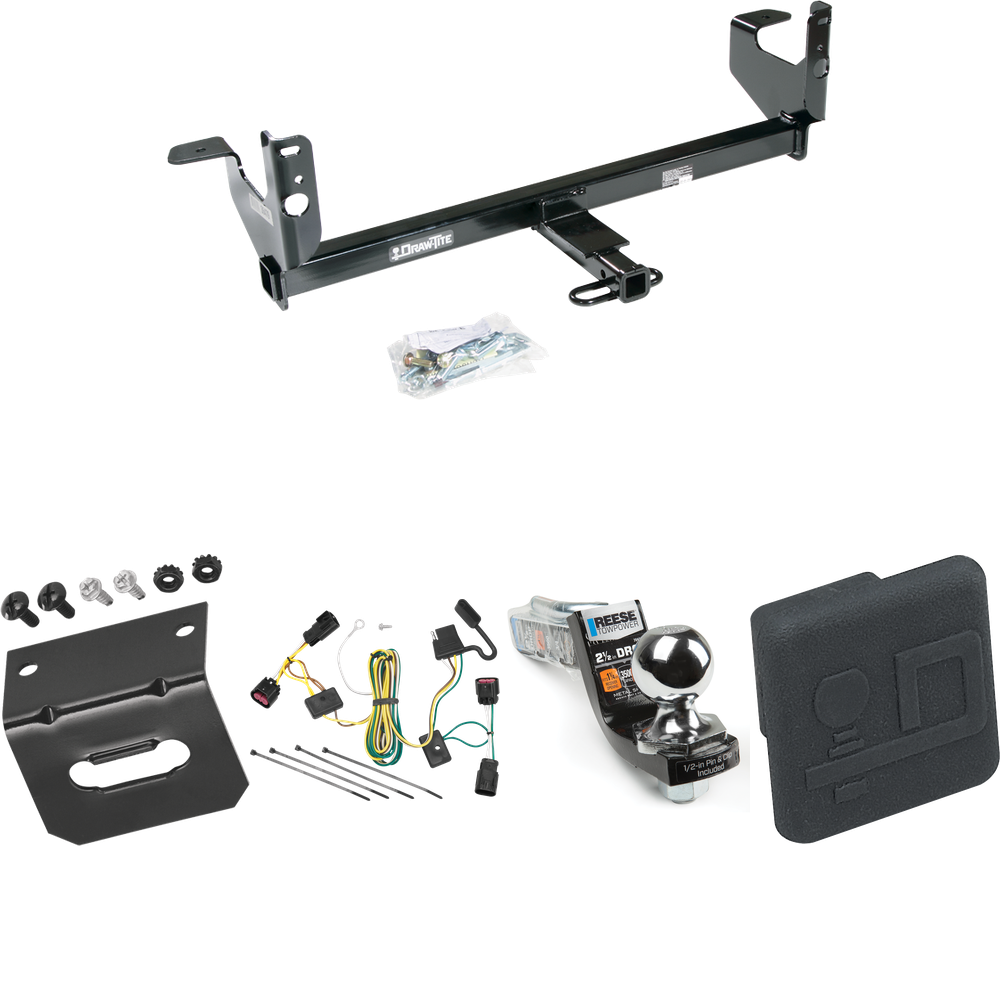 Fits 2008-2012 Chevrolet Malibu Trailer Hitch Tow PKG w/ 4-Flat Wiring Harness + Interlock Starter Kit w/ 2" Ball 2-1/2" Drop 2" Rise + Wiring Bracket + Hitch Cover (Excludes: LTZ Models) By Draw-Tite