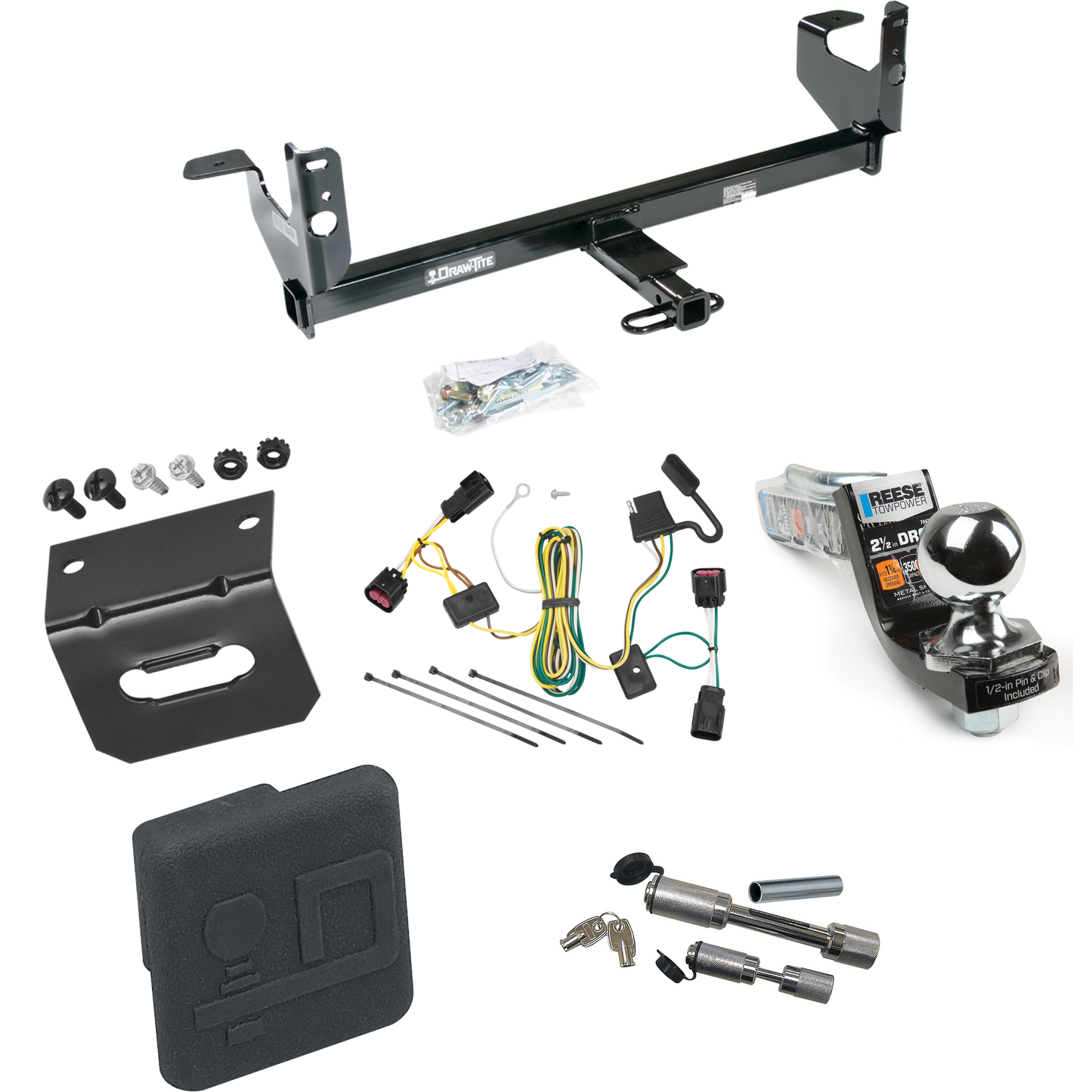 Fits 2008-2012 Chevrolet Malibu Trailer Hitch Tow PKG w/ 4-Flat Wiring Harness + Interlock Starter Kit w/ 2" Ball 2-1/2" Drop 2" Rise + Wiring Bracket + Hitch Cover + Dual Hitch & Coupler Locks (Excludes: LTZ Models) By Draw-Tite