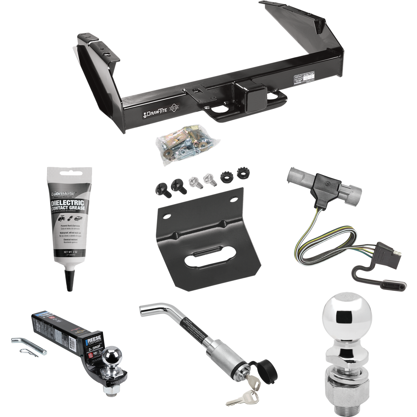 Fits 1997-1997 Ford F-250 HD Trailer Hitch Tow PKG w/ 4-Flat Wiring Harness + Interlock Ball Mount Starter Kit 3" Drop w/ 2" Ball + Hitch Lock + 2-5/16" Ball + Hitch Lock + Wiring Bracket + Electric Grease By Draw-Tite