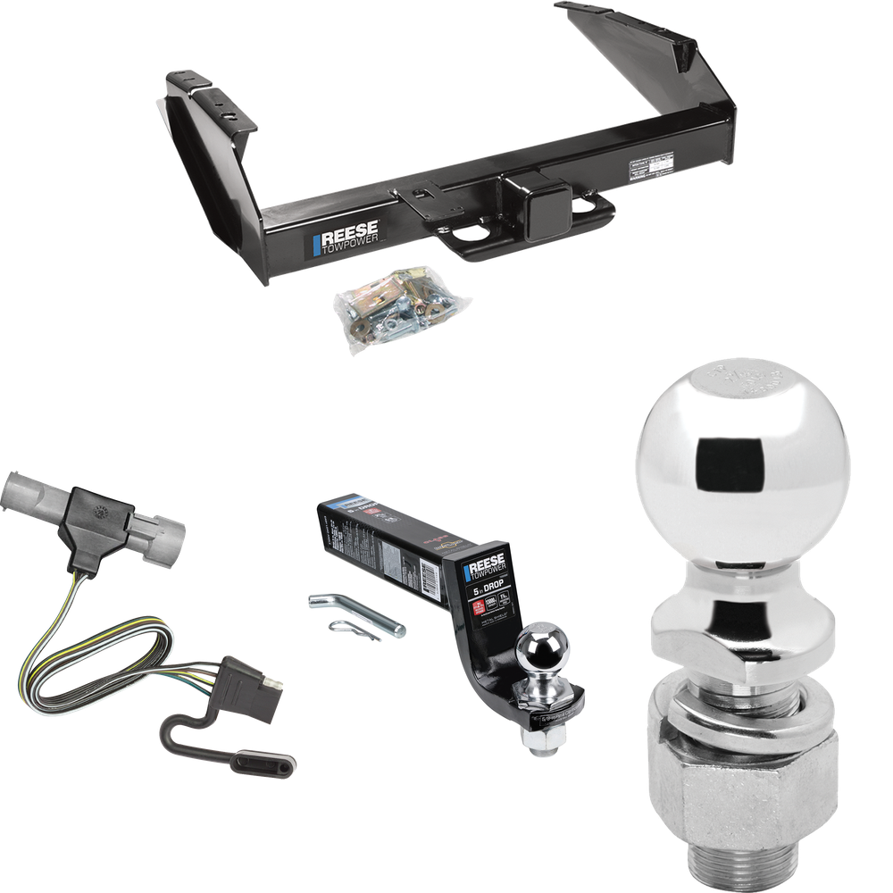 Fits 1987-1996 Ford F-250 Trailer Hitch Tow PKG w/ 4-Flat Wiring Harness + Interlock Ball Mount Starter Kit 5" Drop w/ 2" Ball + 2-5/16" Ball By Reese Towpower