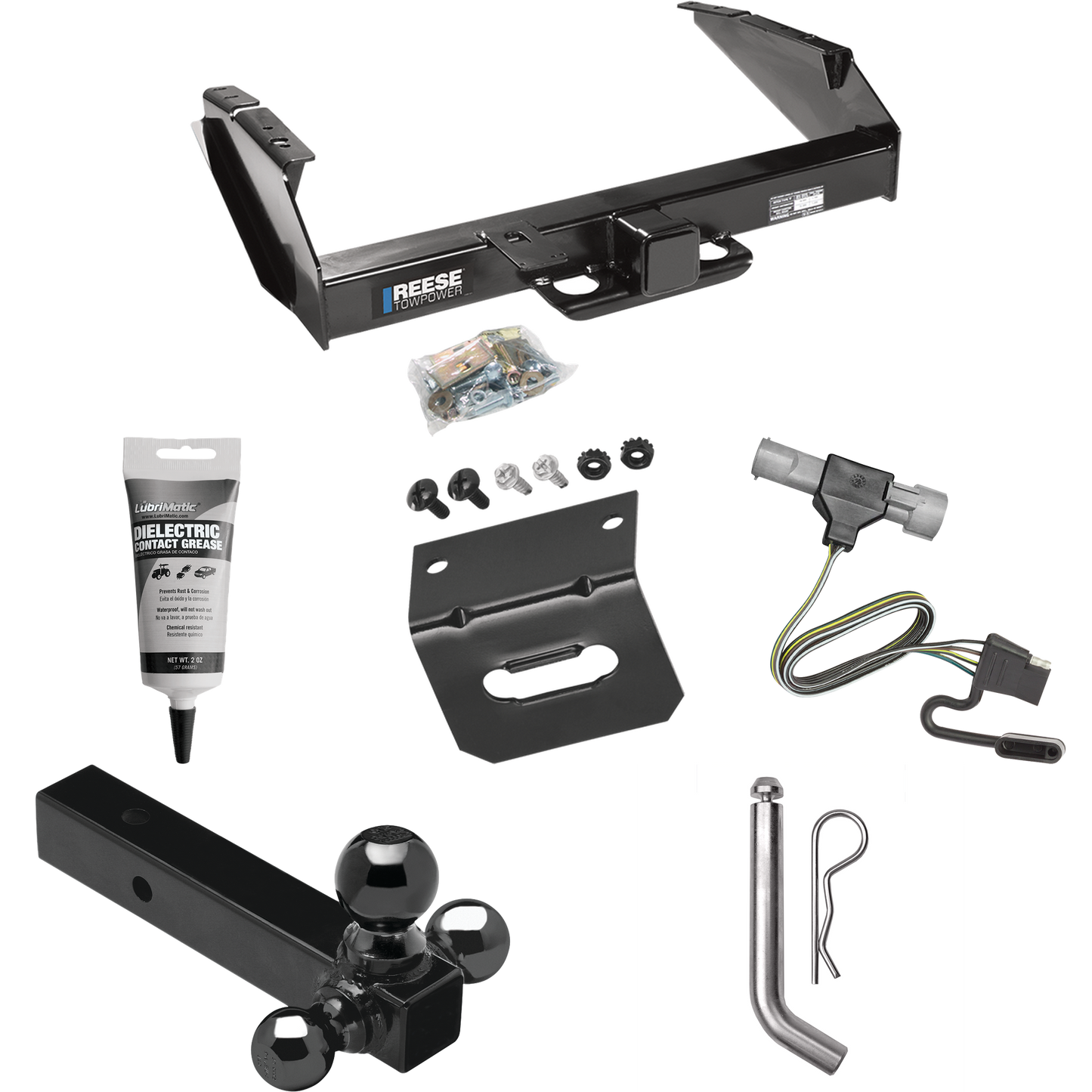 Fits 1997-1997 Ford F-350 Trailer Hitch Tow PKG w/ 4-Flat Wiring Harness + Triple Ball Ball Mount 1-7/8" & 2" & 2-5/16" Trailer Balls + Pin/Clip + Wiring Bracket + Electric Grease (For Heavy Duty Models) By Reese Towpower