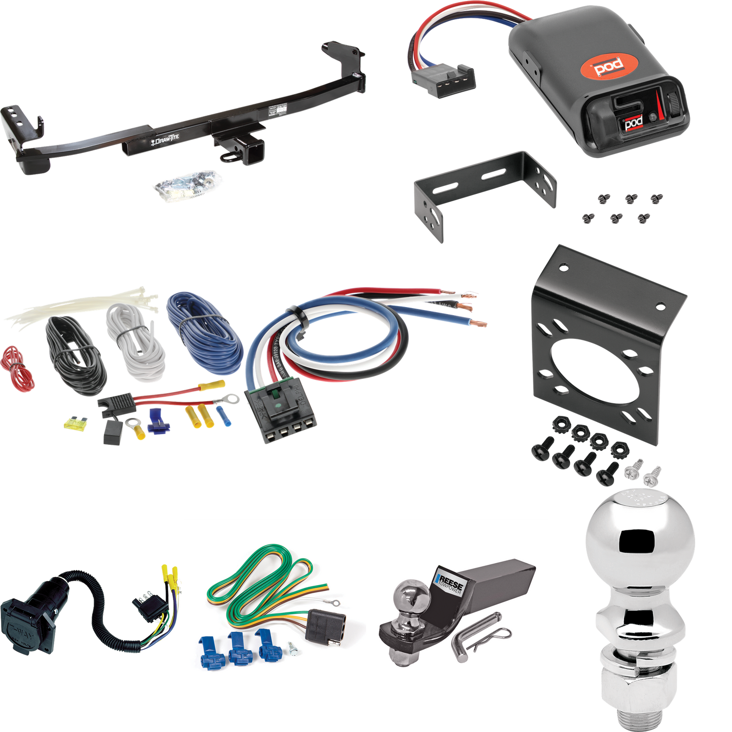 Fits 2008-2009 Mercury Sable Trailer Hitch Tow PKG w/ Pro Series POD Brake Control + Generic BC Wiring Adapter + 7-Way RV Wiring + 2" & 2-5/16" Ball & Drop Mount (For Sedan Models) By Draw-Tite