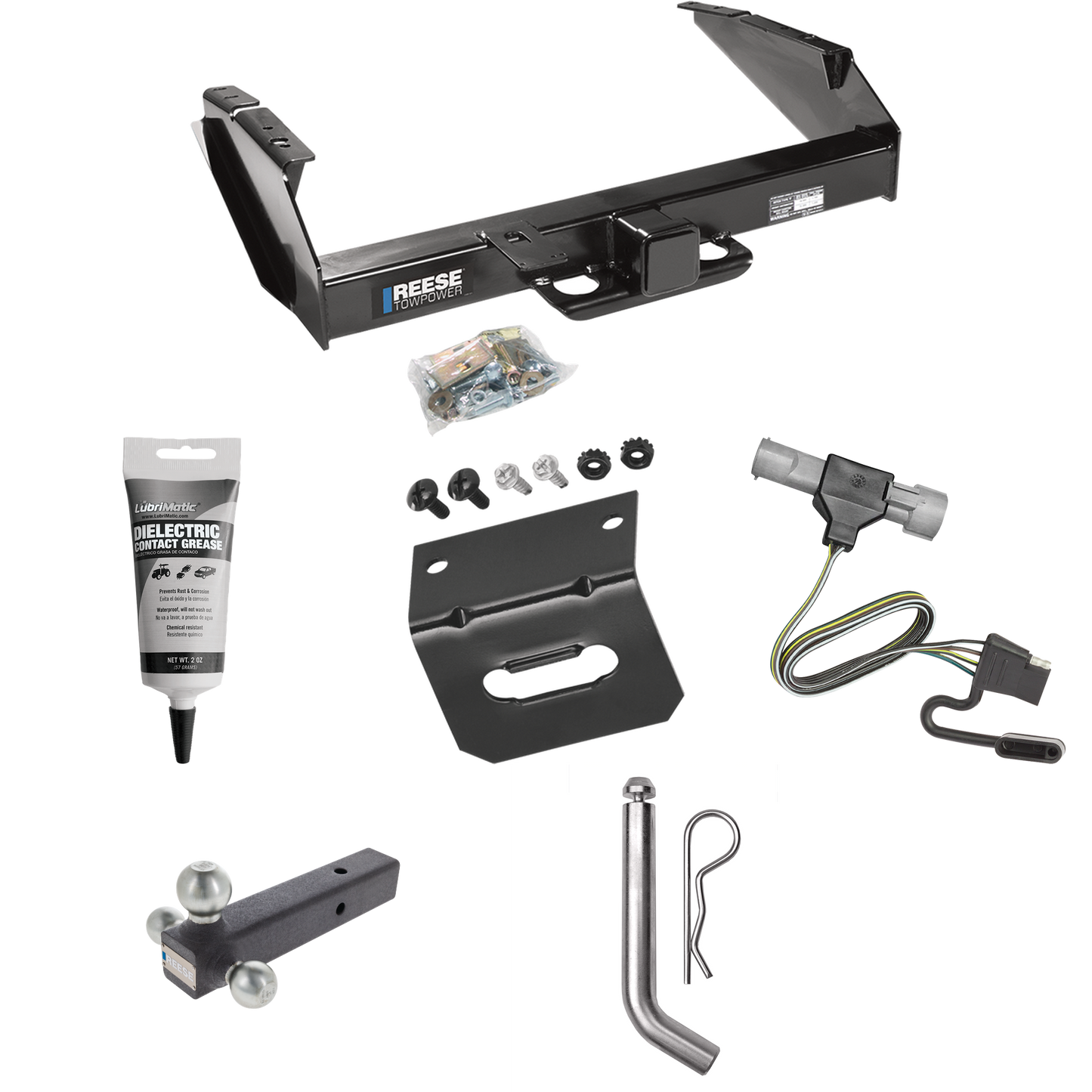 Fits 1997-1997 Ford F-250 HD Trailer Hitch Tow PKG w/ 4-Flat Wiring Harness + Triple Ball Ball Mount 1-7/8" & 2" & 2-5/16" Trailer Balls + Pin/Clip + Wiring Bracket + Electric Grease By Reese Towpower