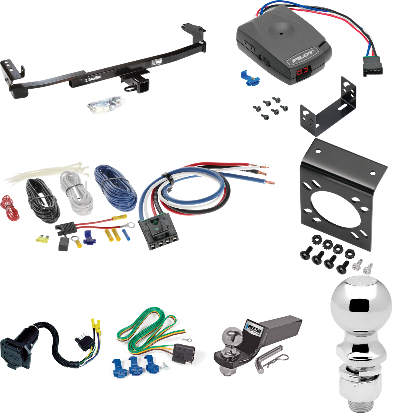 Fits 2008-2009 Mercury Sable Trailer Hitch Tow PKG w/ Pro Series Pilot Brake Control + Generic BC Wiring Adapter + 7-Way RV Wiring + 2" & 2-5/16" Ball & Drop Mount (For Sedan Models) By Draw-Tite