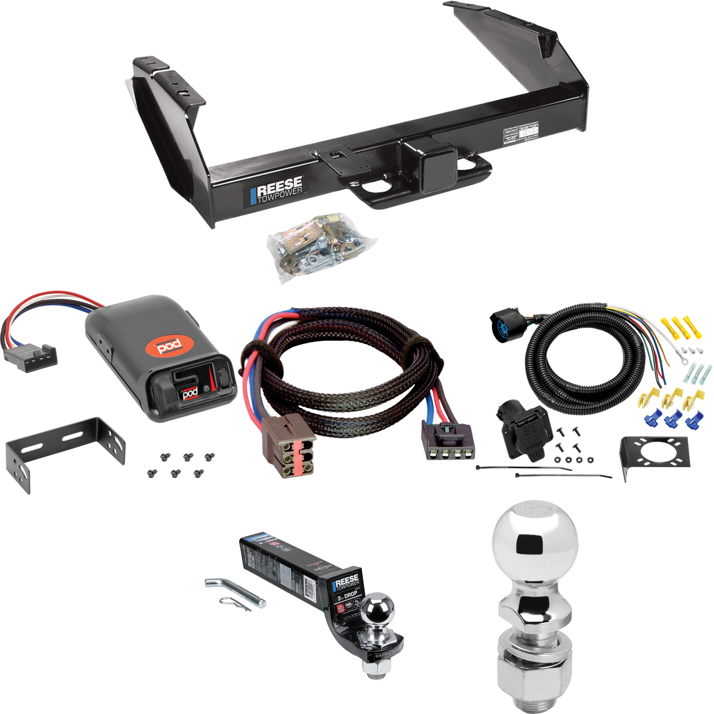 Fits 1994-1996 Ford F-250 Trailer Hitch Tow PKG w/ Pro Series POD Brake Control + Plug & Play BC Adapter + 7-Way RV Wiring + 2" & 2-5/16" Ball & Drop Mount By Reese Towpower