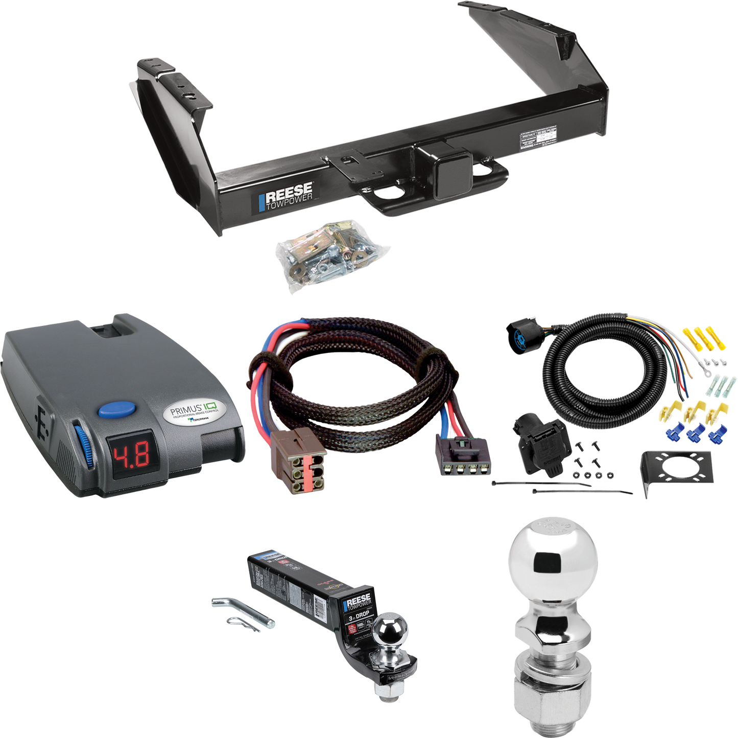 Se adapta al paquete de remolque con enganche para remolque Ford F-250 HD 1997-1997 con control de freno Tekonsha Primus IQ + adaptador BC Plug &amp; Play + cableado RV de 7 vías + soporte de bola y caída de 2" y 2-5/16" de Reese Towpower