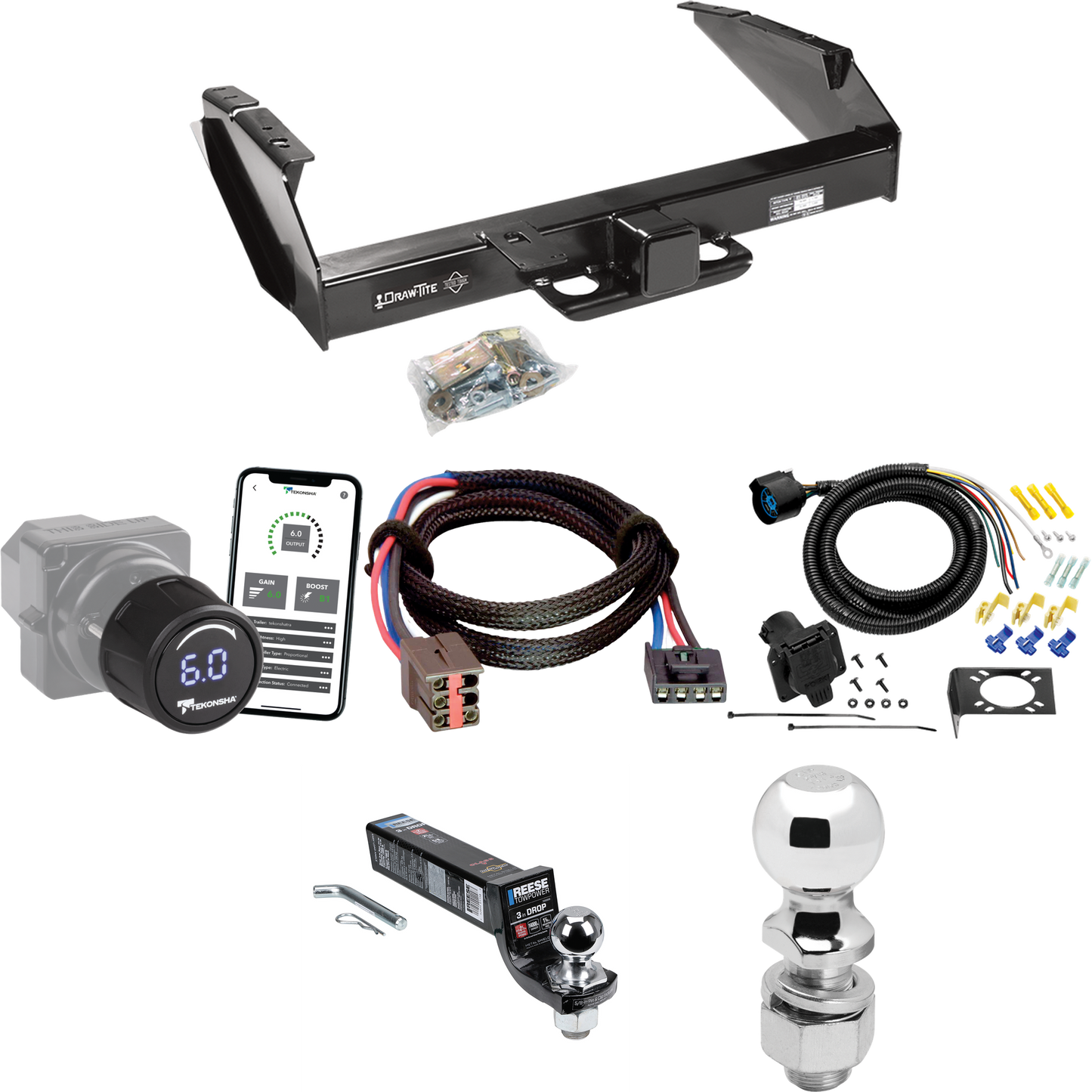 Se adapta al paquete de remolque con enganche para remolque Ford F-250 1994-1996 con control de freno inalámbrico Bluetooth Tekonsha Prodigy iD + adaptador BC Plug &amp; Play + cableado RV de 7 vías + soporte de bola y caída de 2" y 2-5/16" por Draw- tite